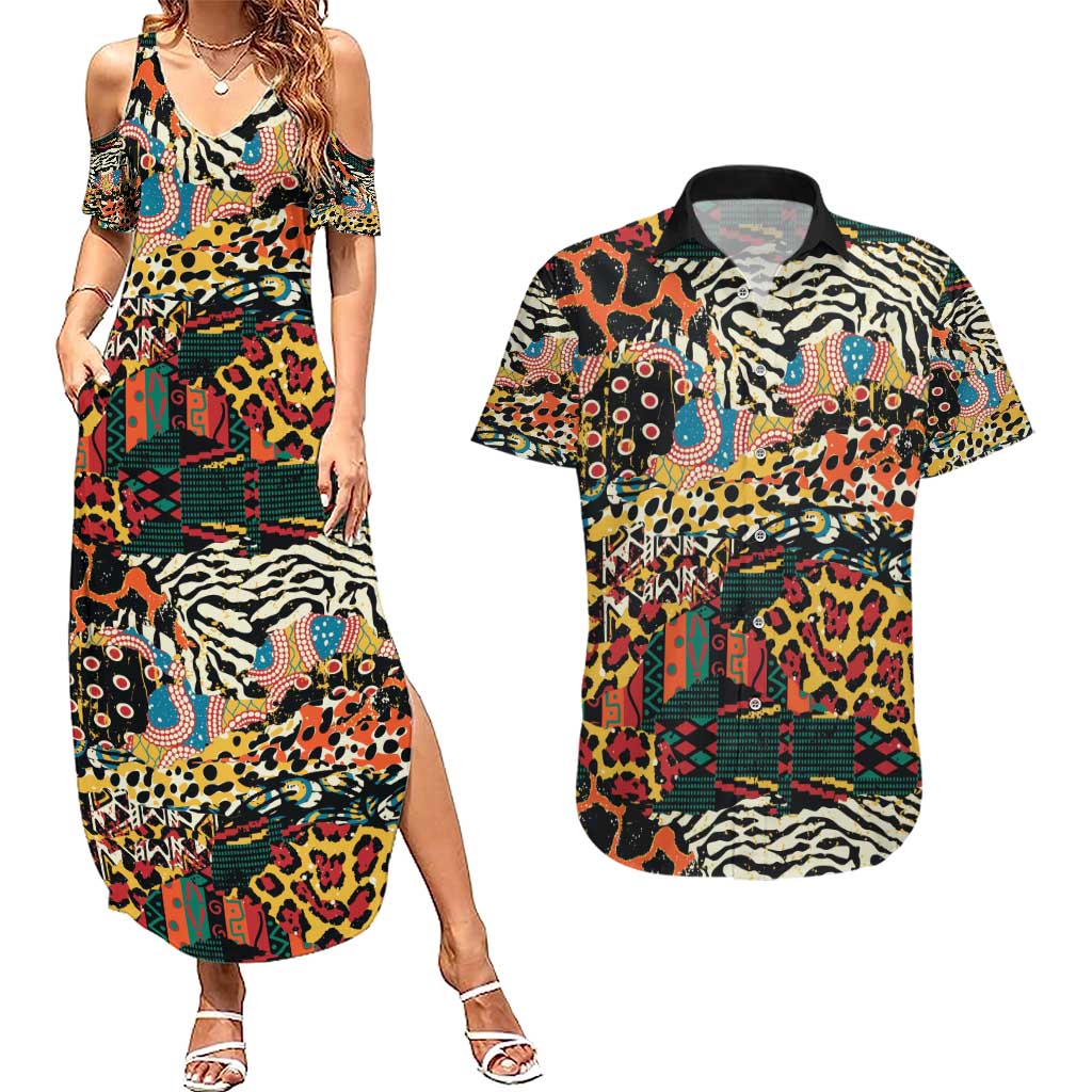 African Mixed Wild Animal Skins Couples Matching Summer Maxi Dress and Hawaiian Shirt LT9 - Wonder Print Shop