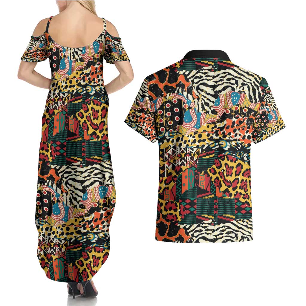 African Mixed Wild Animal Skins Couples Matching Summer Maxi Dress and Hawaiian Shirt LT9 - Wonder Print Shop