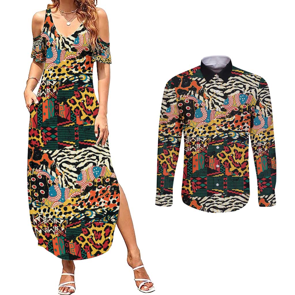 African Mixed Wild Animal Skins Couples Matching Summer Maxi Dress and Long Sleeve Button Shirt LT9 - Wonder Print Shop