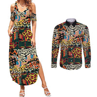 African Mixed Wild Animal Skins Couples Matching Summer Maxi Dress and Long Sleeve Button Shirt LT9 - Wonder Print Shop