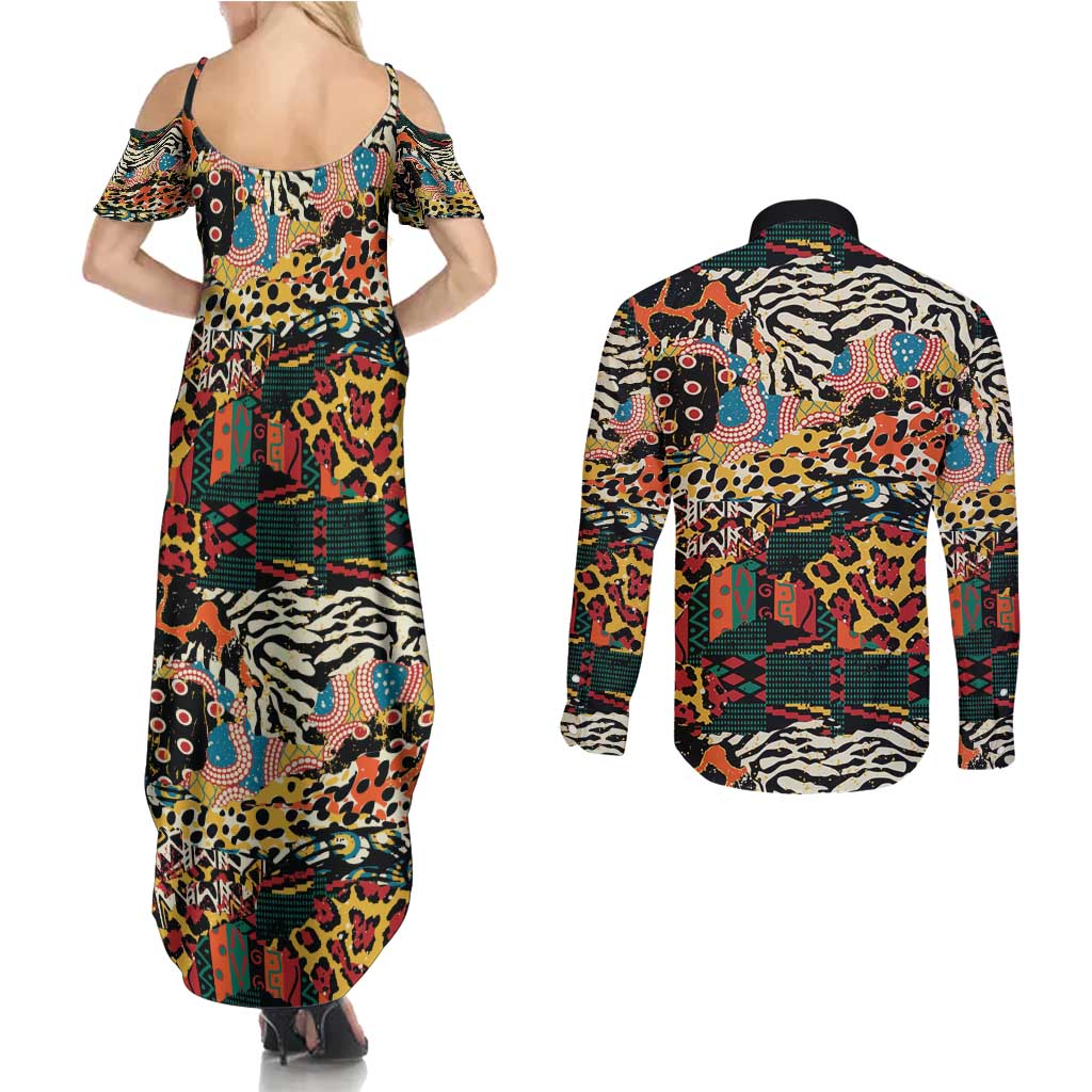 African Mixed Wild Animal Skins Couples Matching Summer Maxi Dress and Long Sleeve Button Shirt LT9 - Wonder Print Shop