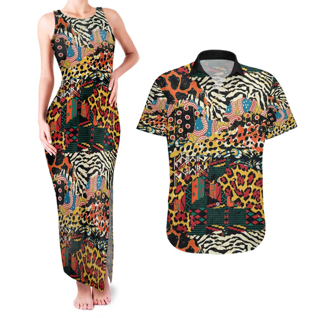 African Mixed Wild Animal Skins Couples Matching Tank Maxi Dress and Hawaiian Shirt LT9 - Wonder Print Shop