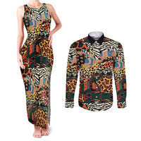 African Mixed Wild Animal Skins Couples Matching Tank Maxi Dress and Long Sleeve Button Shirt LT9 - Wonder Print Shop