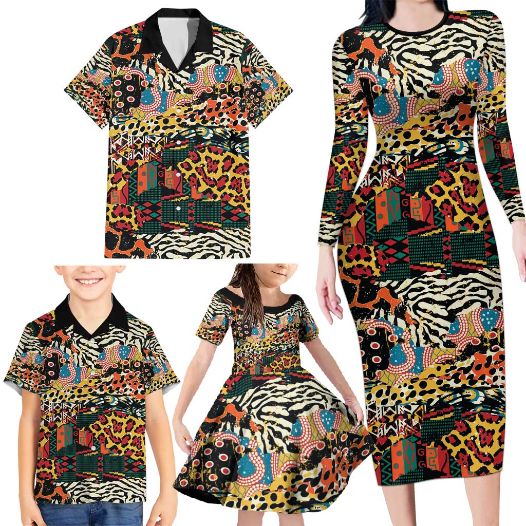 African Mixed Wild Animal Skins Family Matching Long Sleeve Bodycon Dress and Hawaiian Shirt LT9 - Wonder Print Shop