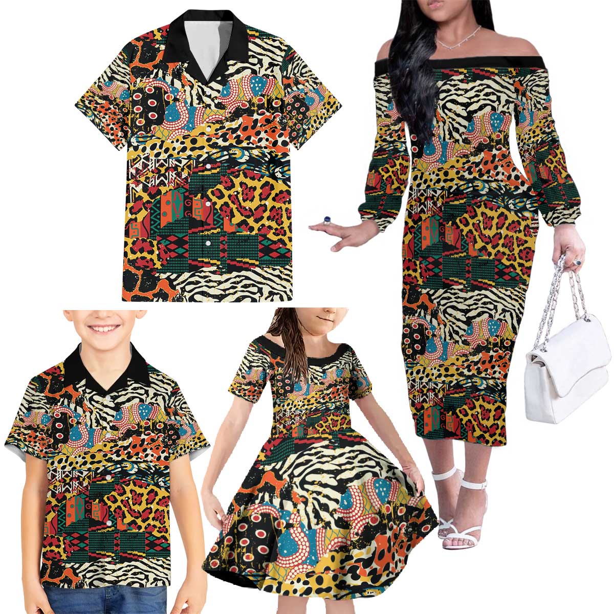 African Mixed Wild Animal Skins Family Matching Off The Shoulder Long Sleeve Dress and Hawaiian Shirt - Wonder Print Shop