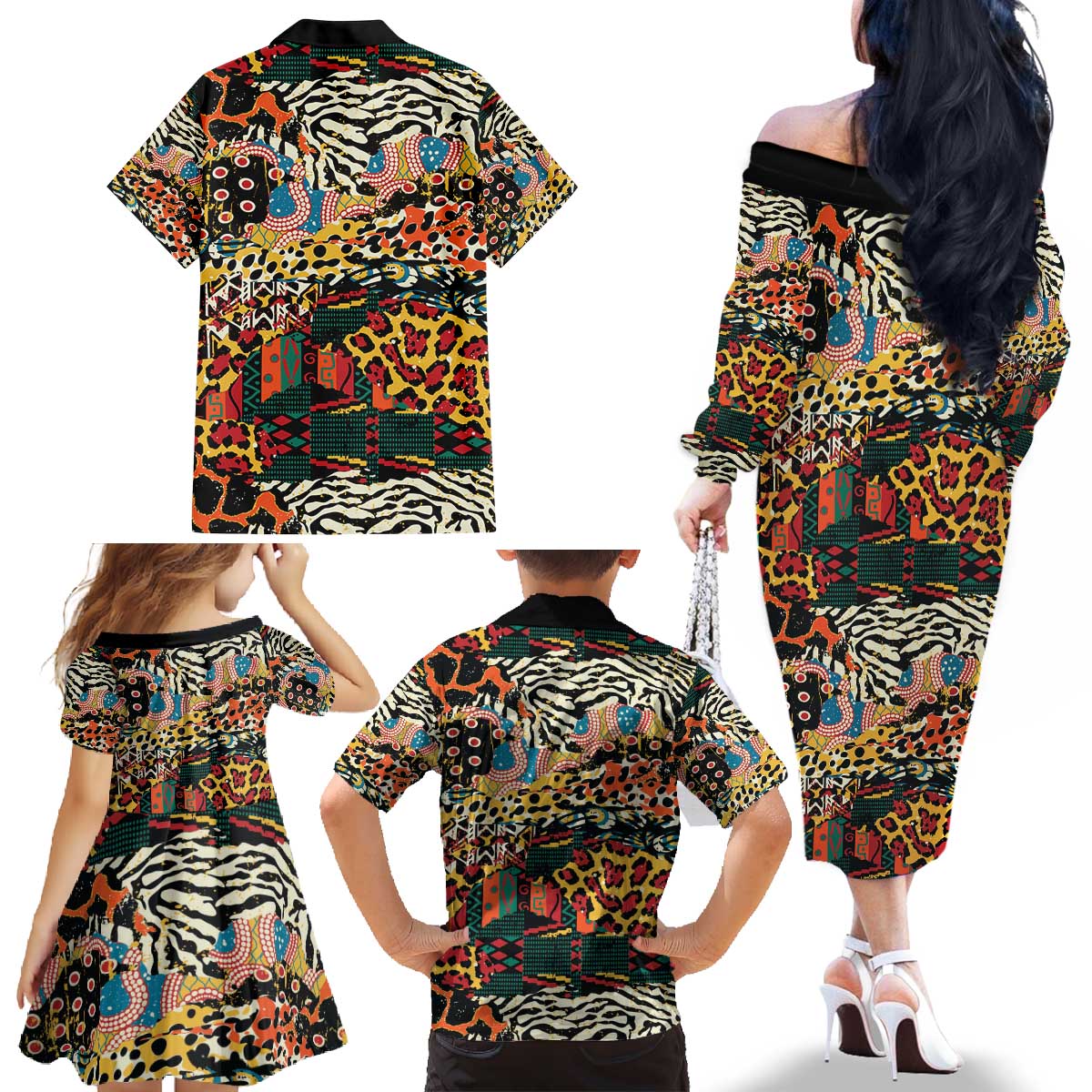 African Mixed Wild Animal Skins Family Matching Off The Shoulder Long Sleeve Dress and Hawaiian Shirt - Wonder Print Shop