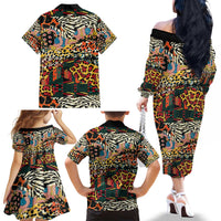 African Mixed Wild Animal Skins Family Matching Off The Shoulder Long Sleeve Dress and Hawaiian Shirt - Wonder Print Shop