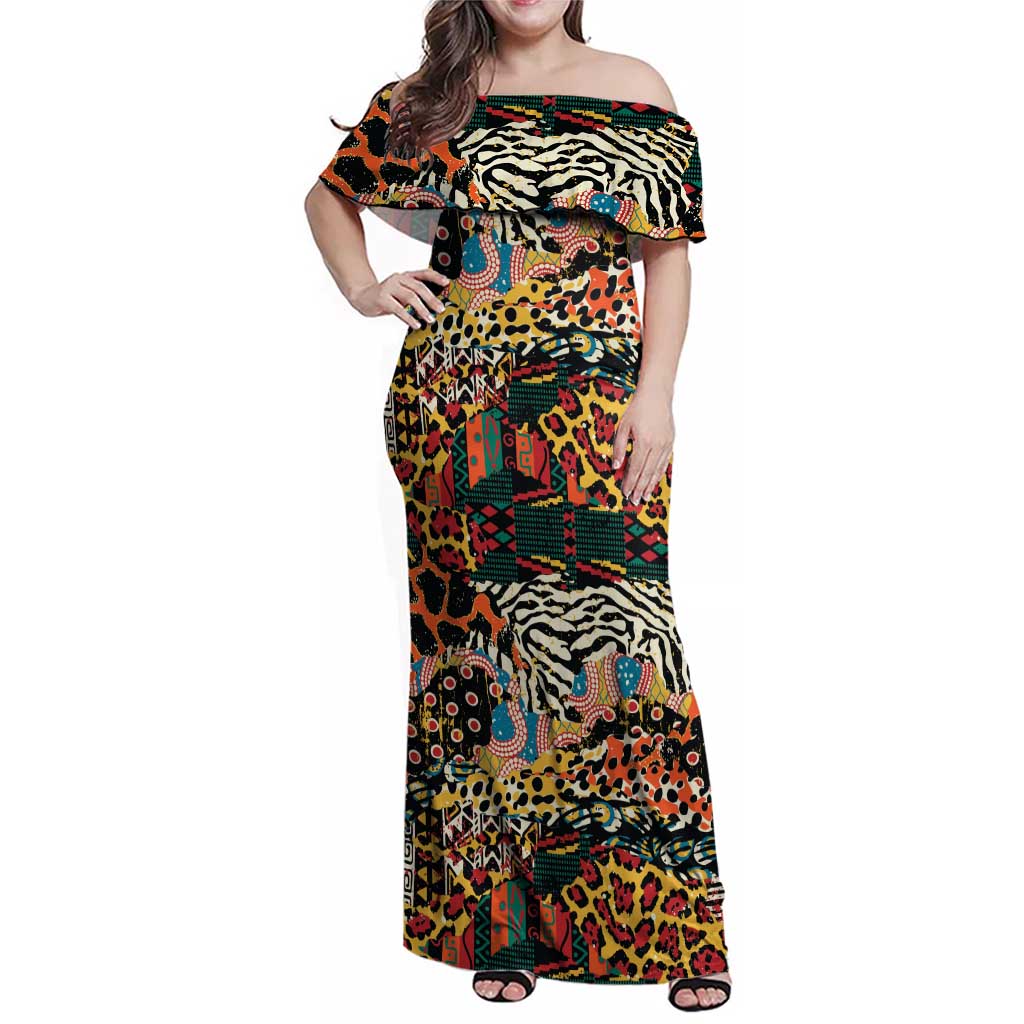 African Mixed Wild Animal Skins Family Matching Off Shoulder Maxi Dress and Hawaiian Shirt LT9 - Wonder Print Shop