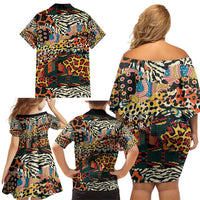 African Mixed Wild Animal Skins Family Matching Off Shoulder Short Dress and Hawaiian Shirt LT9 - Wonder Print Shop