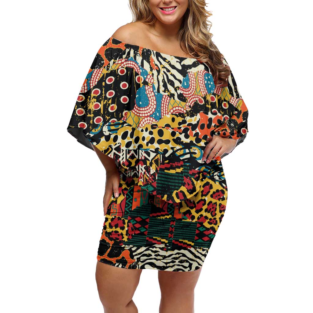 African Mixed Wild Animal Skins Family Matching Off Shoulder Short Dress and Hawaiian Shirt LT9 - Wonder Print Shop