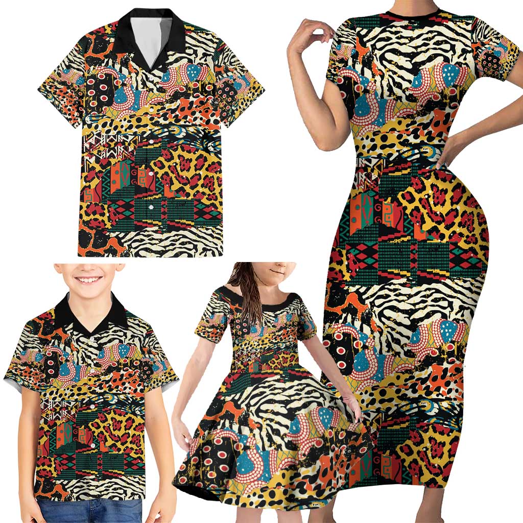 African Mixed Wild Animal Skins Family Matching Short Sleeve Bodycon Dress and Hawaiian Shirt - Wonder Print Shop