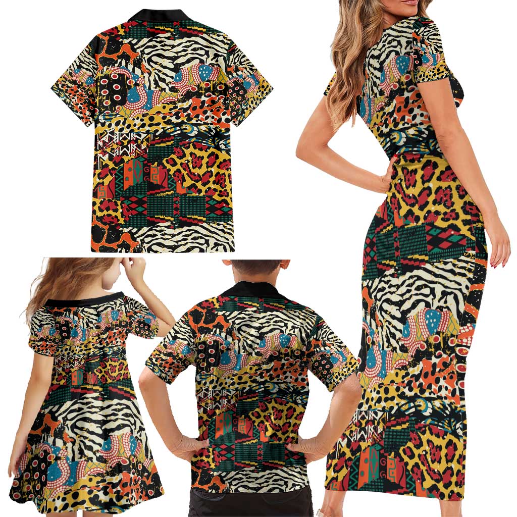 African Mixed Wild Animal Skins Family Matching Short Sleeve Bodycon Dress and Hawaiian Shirt - Wonder Print Shop