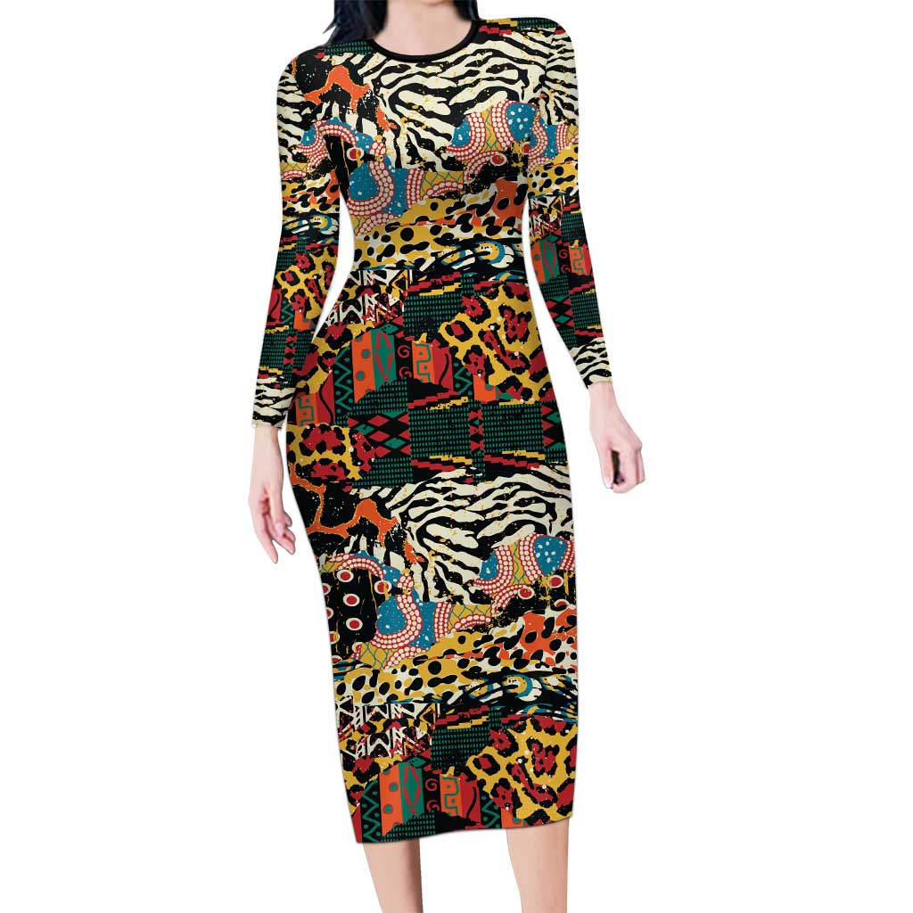 African Mixed Wild Animal Skins Long Sleeve Bodycon Dress - Wonder Print Shop
