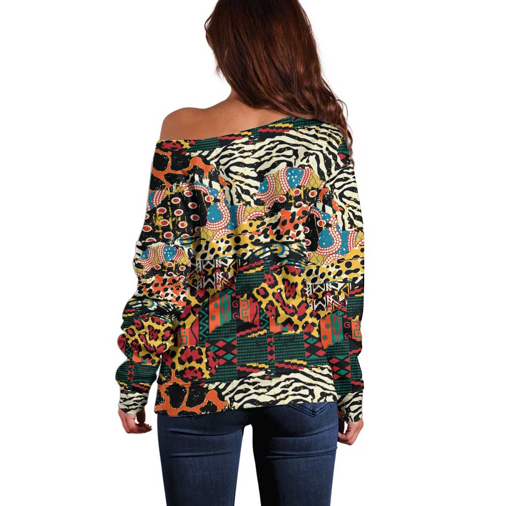 African Mixed Wild Animal Skins Off Shoulder Sweater - Wonder Print Shop