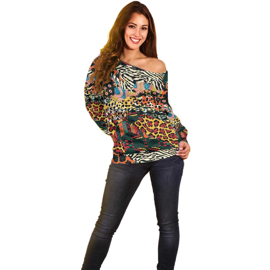 African Mixed Wild Animal Skins Off Shoulder Sweater - Wonder Print Shop