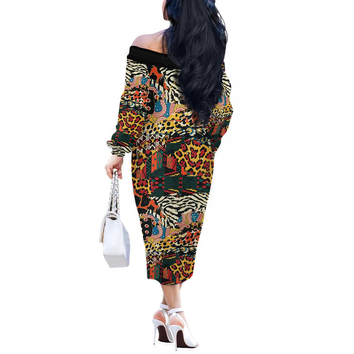 African Mixed Wild Animal Skins Off The Shoulder Long Sleeve Dress - Wonder Print Shop