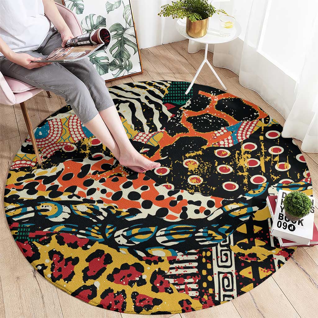 African Mixed Wild Animal Skins Round Carpet