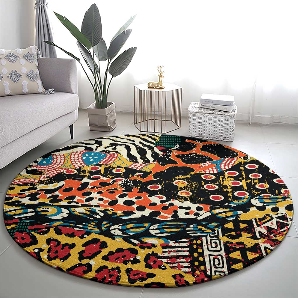 African Mixed Wild Animal Skins Round Carpet