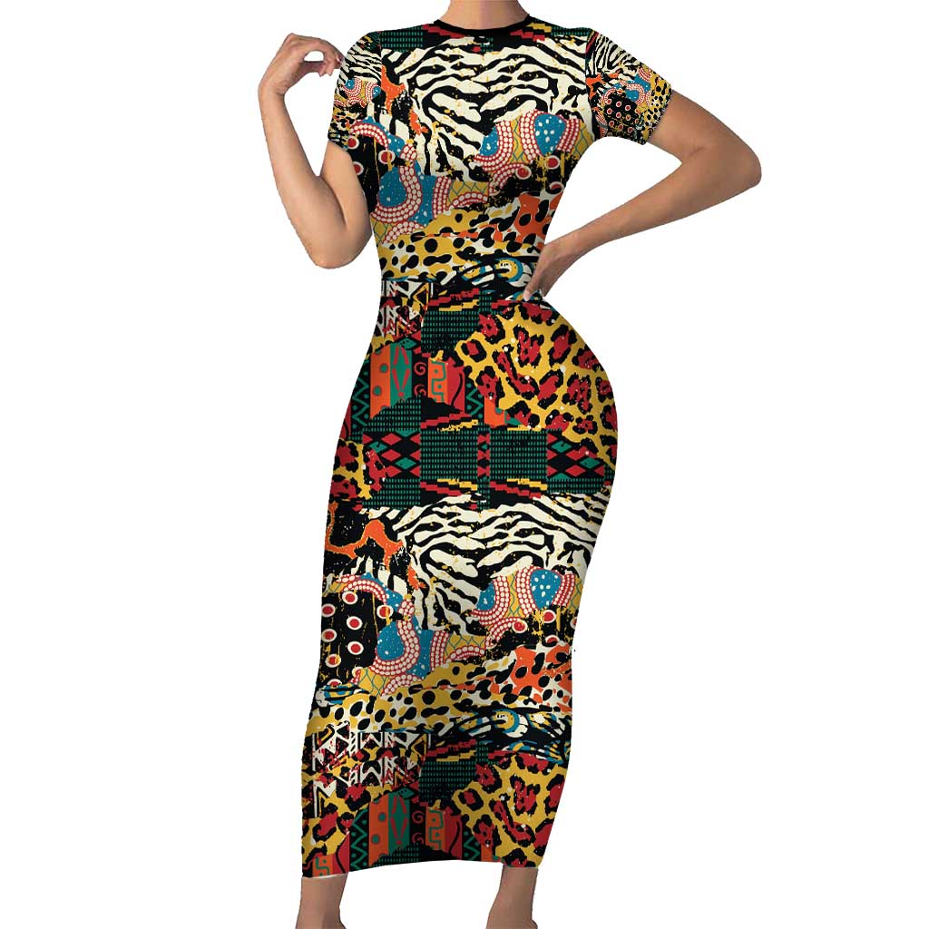 African Mixed Wild Animal Skins Short Sleeve Bodycon Dress - Wonder Print Shop
