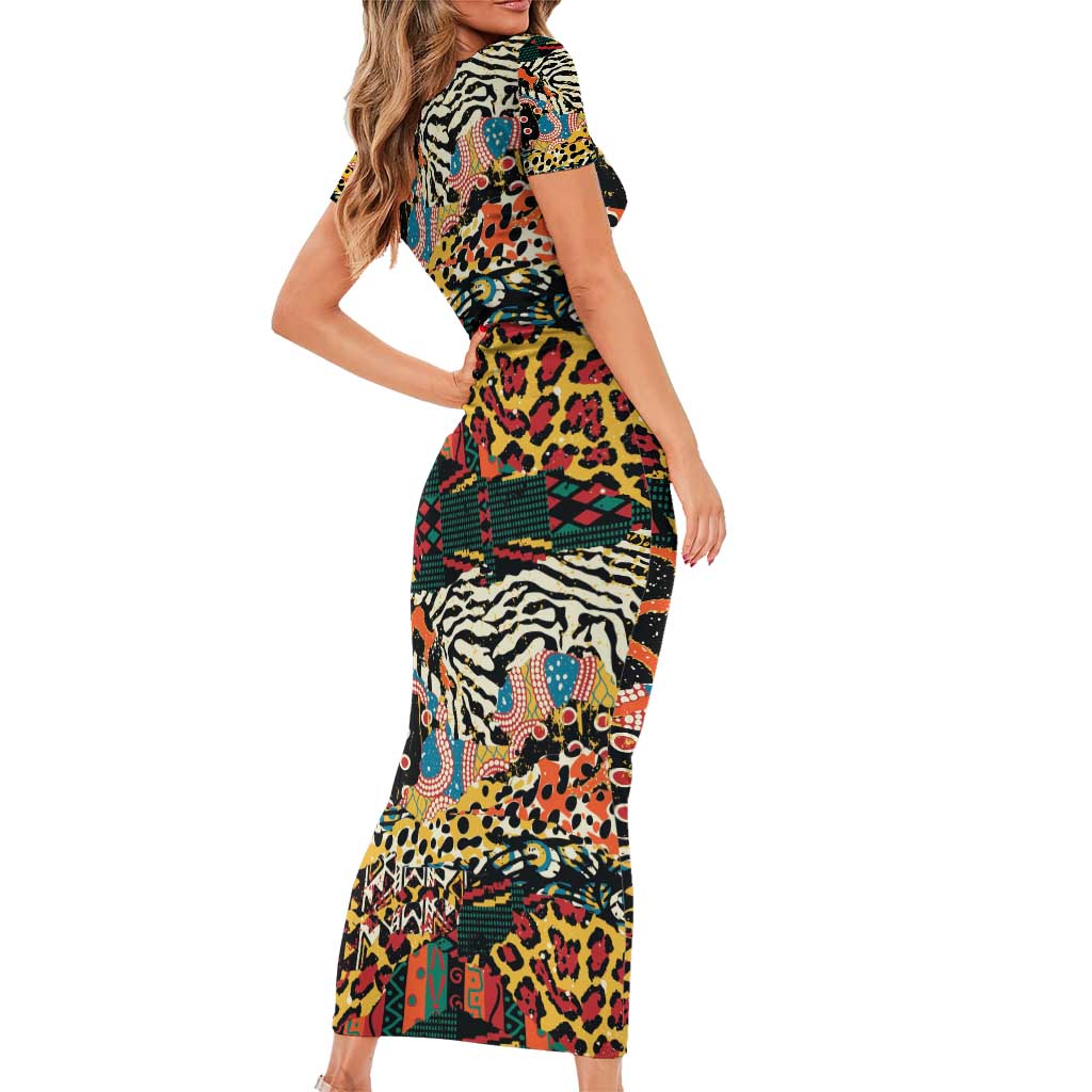 African Mixed Wild Animal Skins Short Sleeve Bodycon Dress - Wonder Print Shop