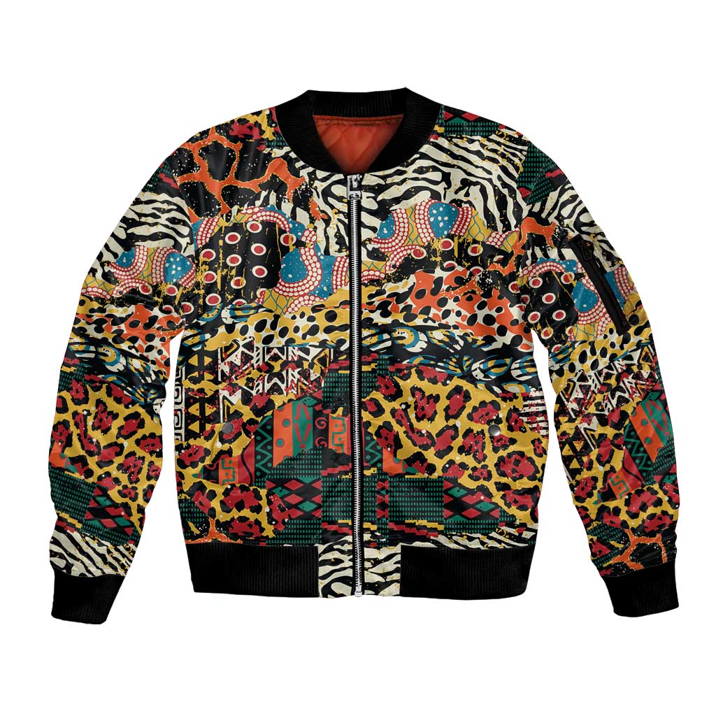 African Mixed Wild Animal Skins Sleeve Zip Bomber Jacket - Wonder Print Shop