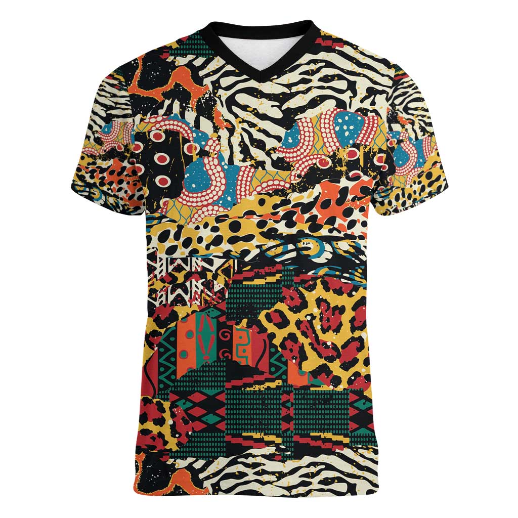 African Mixed Wild Animal Skins Women V-Neck T-Shirt - Wonder Print Shop