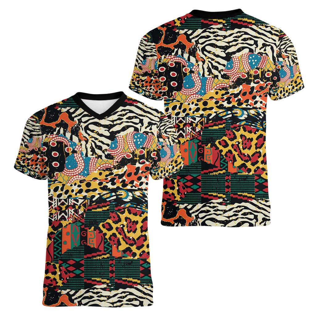 African Mixed Wild Animal Skins Women V-Neck T-Shirt - Wonder Print Shop