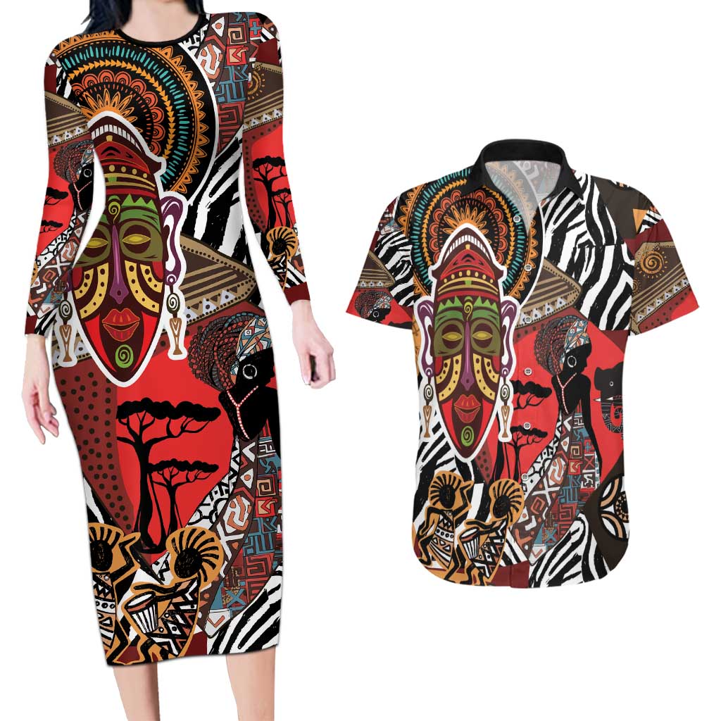 Beautiful African Women Ethnic Motifs Couples Matching Long Sleeve Bodycon Dress and Hawaiian Shirt LT9 - Wonder Print Shop