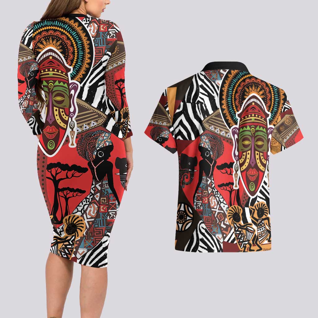 Beautiful African Women Ethnic Motifs Couples Matching Long Sleeve Bodycon Dress and Hawaiian Shirt LT9 - Wonder Print Shop