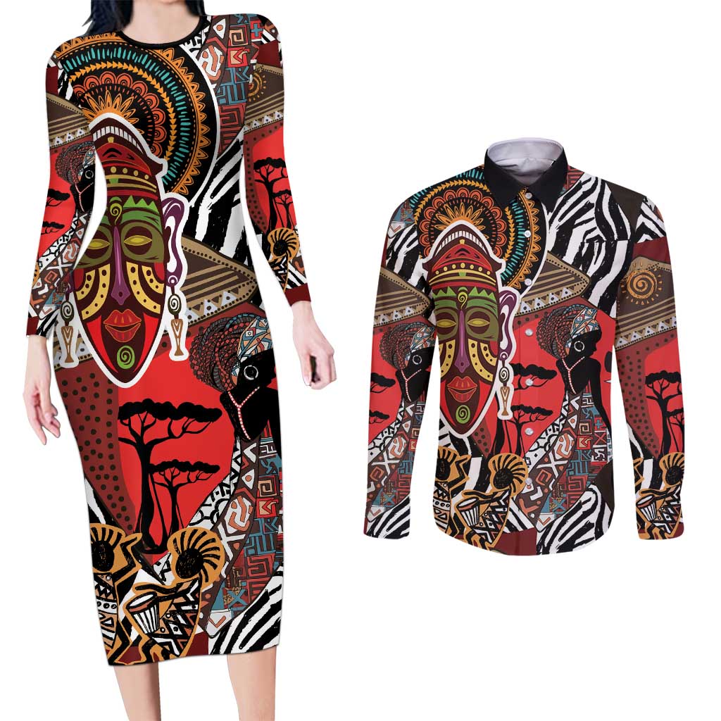 Beautiful African Women Ethnic Motifs Couples Matching Long Sleeve Bodycon Dress and Long Sleeve Button Shirt LT9 - Wonder Print Shop