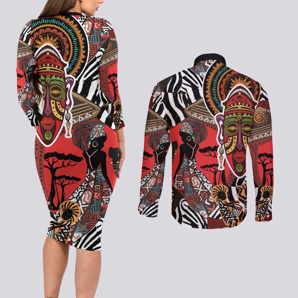 Beautiful African Women Ethnic Motifs Couples Matching Long Sleeve Bodycon Dress and Long Sleeve Button Shirt LT9 - Wonder Print Shop