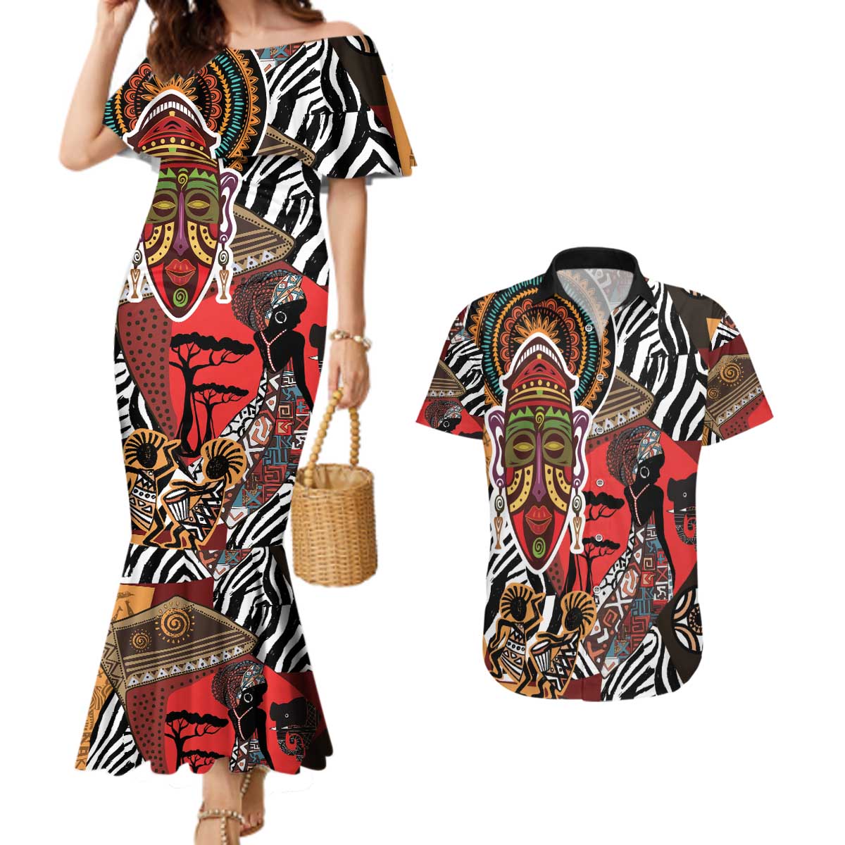 Beautiful African Women Ethnic Motifs Couples Matching Mermaid Dress and Hawaiian Shirt LT9 - Wonder Print Shop