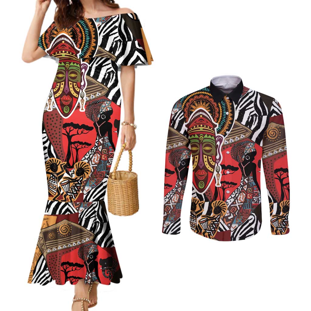 Beautiful African Women Ethnic Motifs Couples Matching Mermaid Dress and Long Sleeve Button Shirt