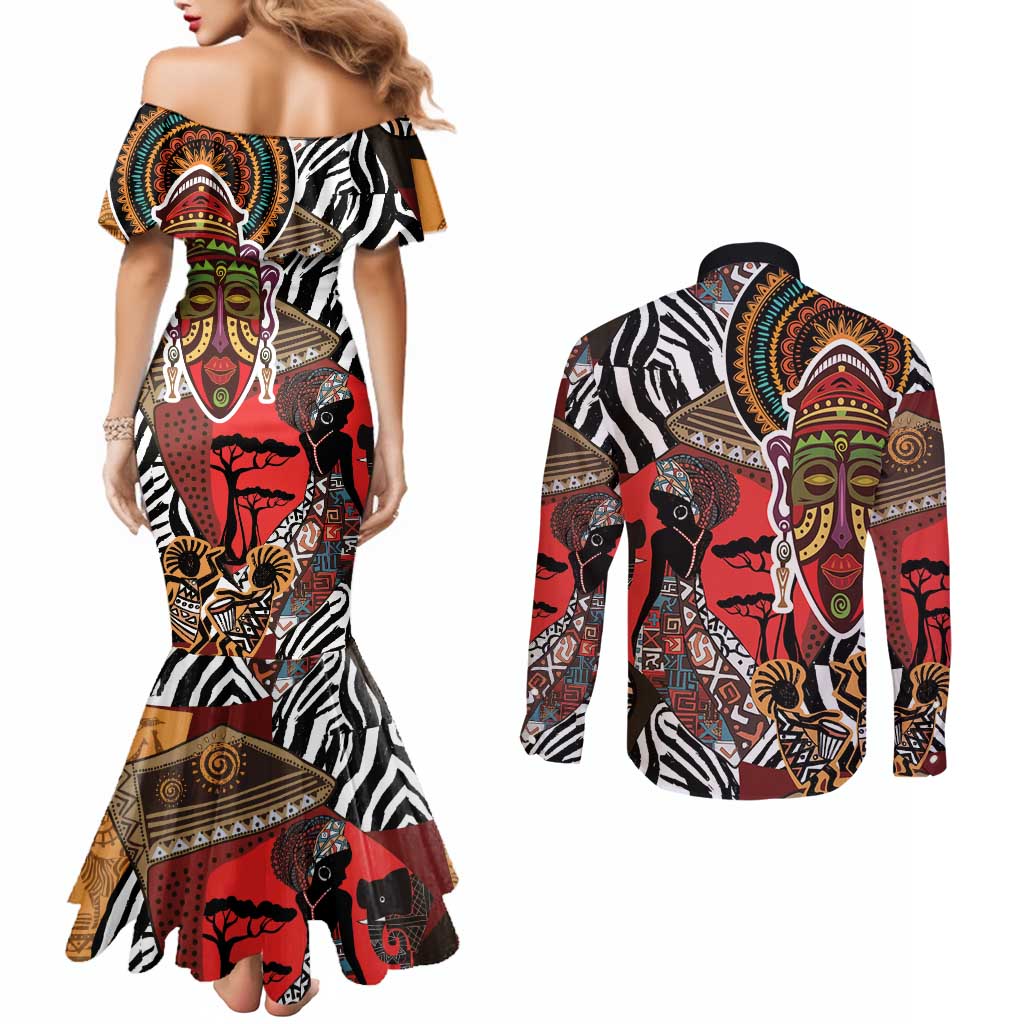 Beautiful African Women Ethnic Motifs Couples Matching Mermaid Dress and Long Sleeve Button Shirt