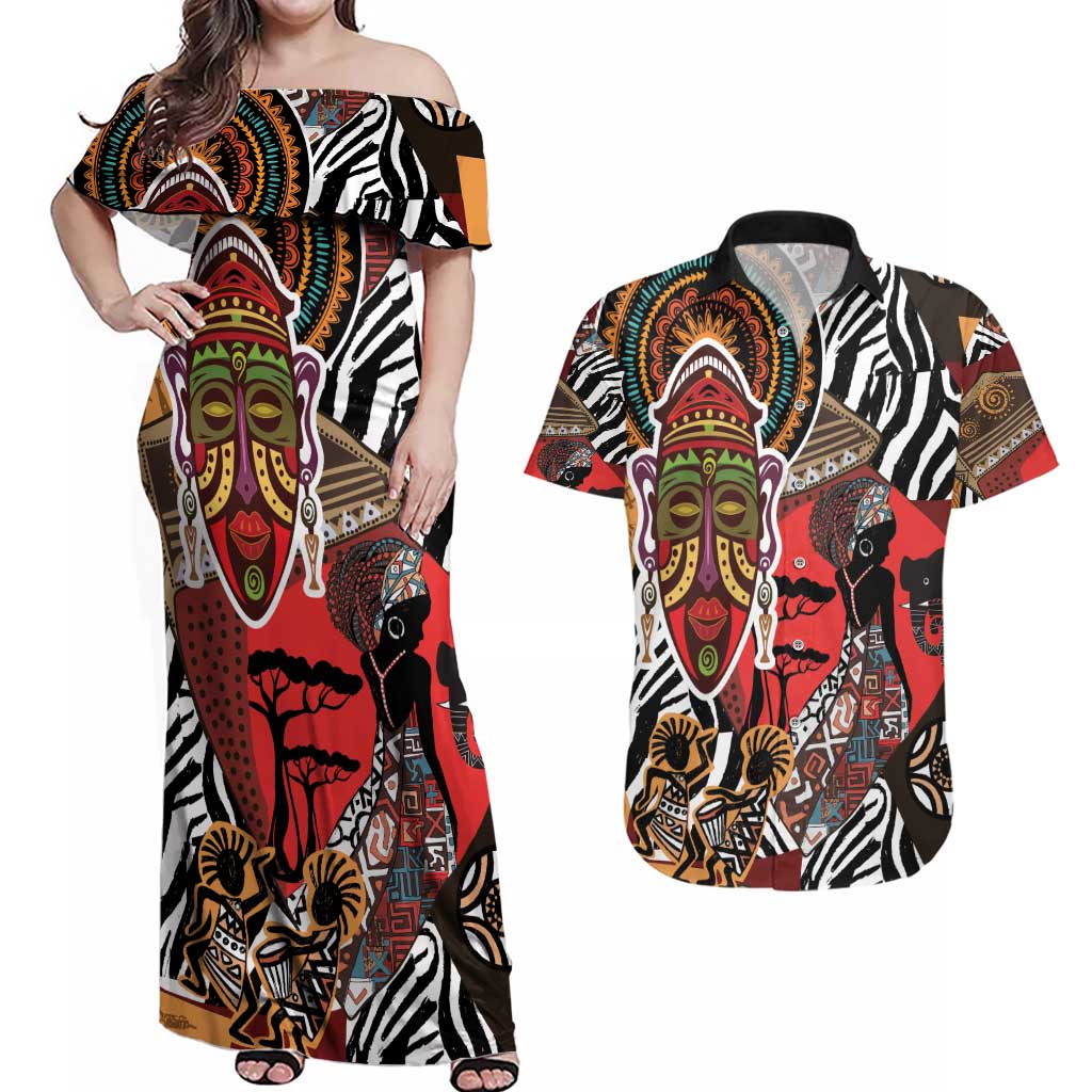 Beautiful African Women Ethnic Motifs Couples Matching Off Shoulder Maxi Dress and Hawaiian Shirt LT9 - Wonder Print Shop
