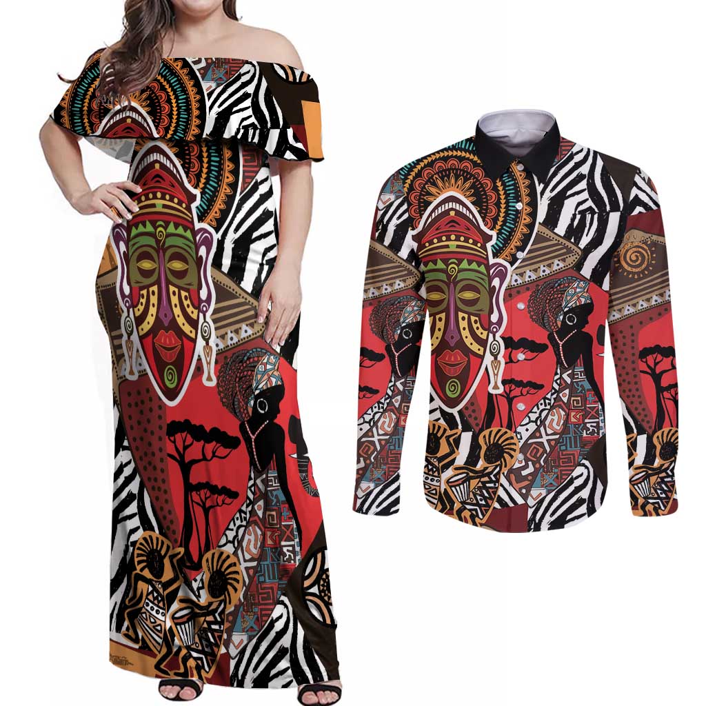 Beautiful African Women Ethnic Motifs Couples Matching Off Shoulder Maxi Dress and Long Sleeve Button Shirt LT9 - Wonder Print Shop