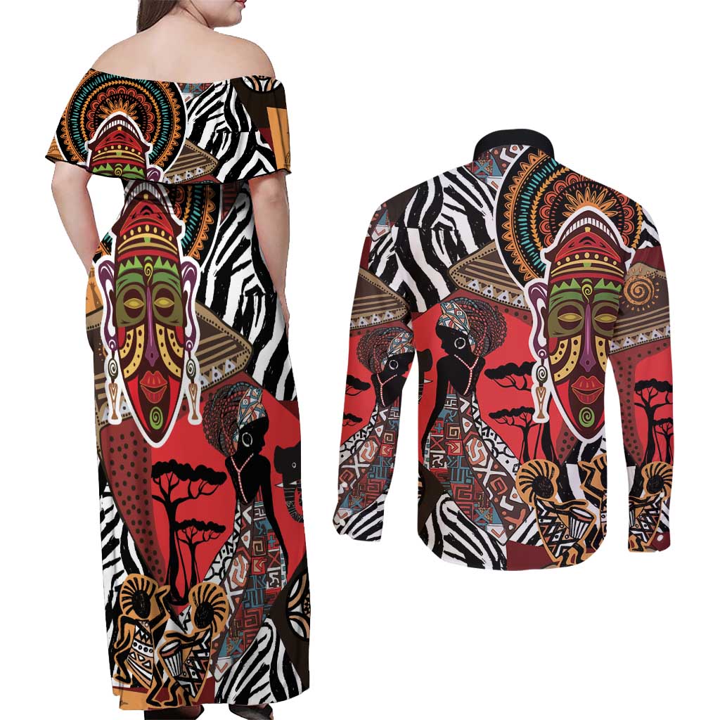 Beautiful African Women Ethnic Motifs Couples Matching Off Shoulder Maxi Dress and Long Sleeve Button Shirt LT9 - Wonder Print Shop