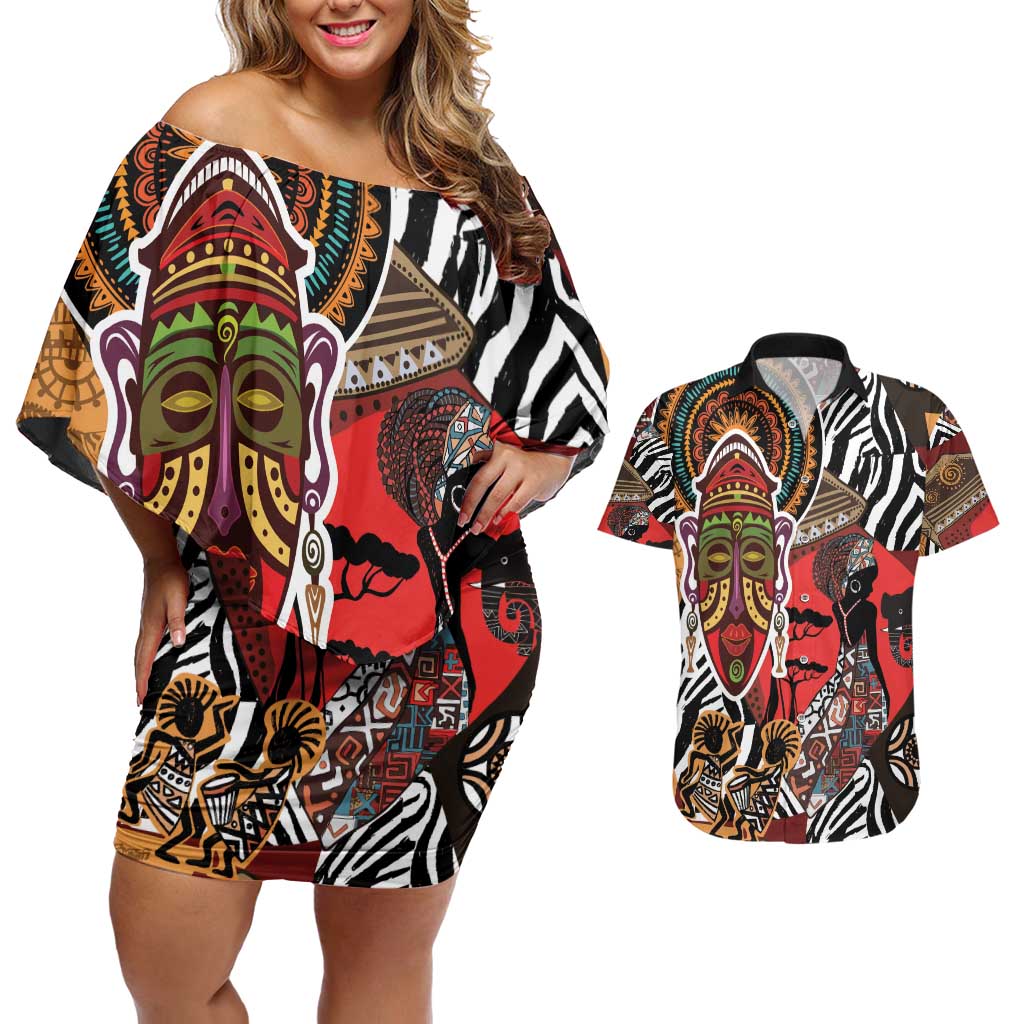 Beautiful African Women Ethnic Motifs Couples Matching Off Shoulder Short Dress and Hawaiian Shirt LT9 - Wonder Print Shop