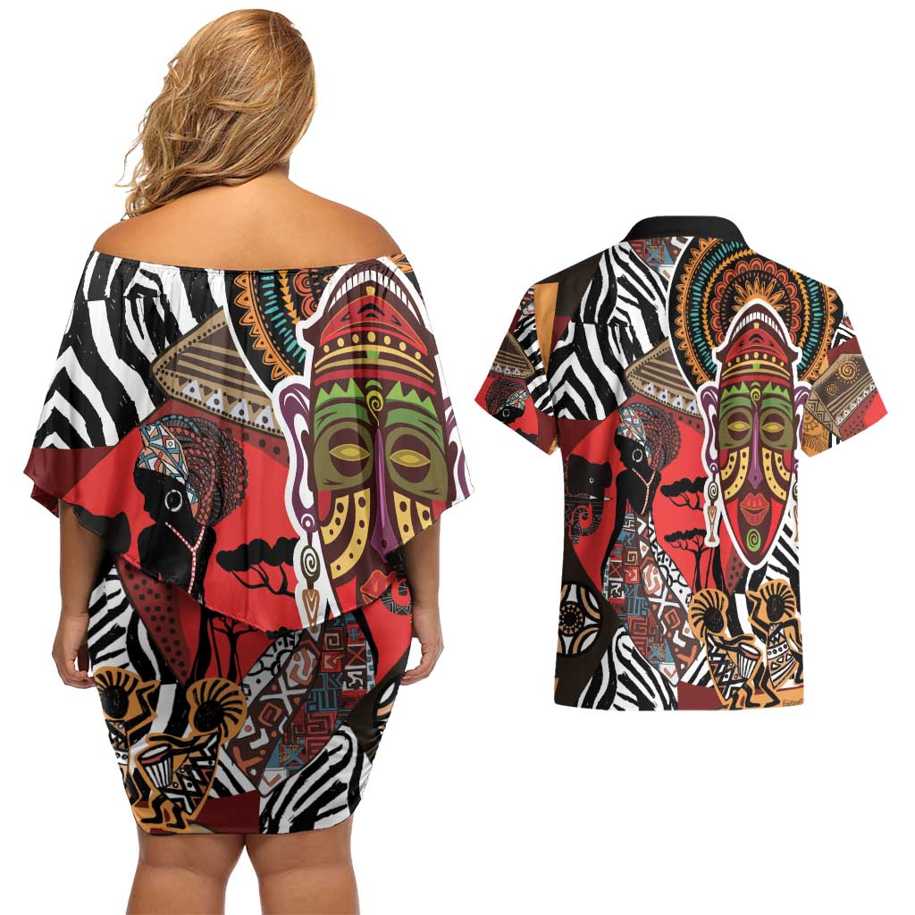 Beautiful African Women Ethnic Motifs Couples Matching Off Shoulder Short Dress and Hawaiian Shirt LT9 - Wonder Print Shop