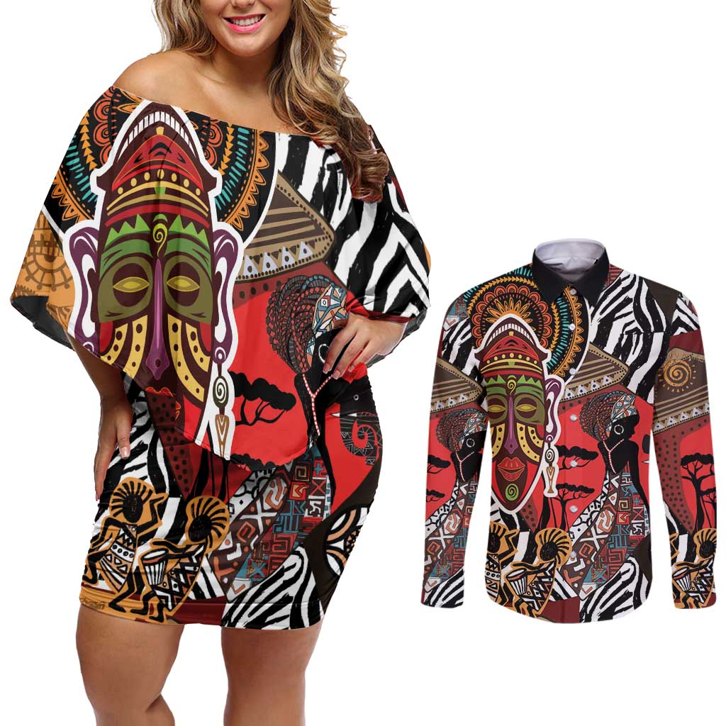 Beautiful African Women Ethnic Motifs Couples Matching Off Shoulder Short Dress and Long Sleeve Button Shirt LT9 - Wonder Print Shop