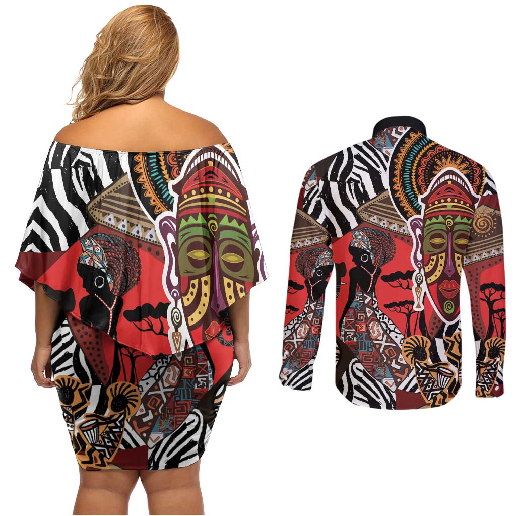 Beautiful African Women Ethnic Motifs Couples Matching Off Shoulder Short Dress and Long Sleeve Button Shirt LT9 - Wonder Print Shop