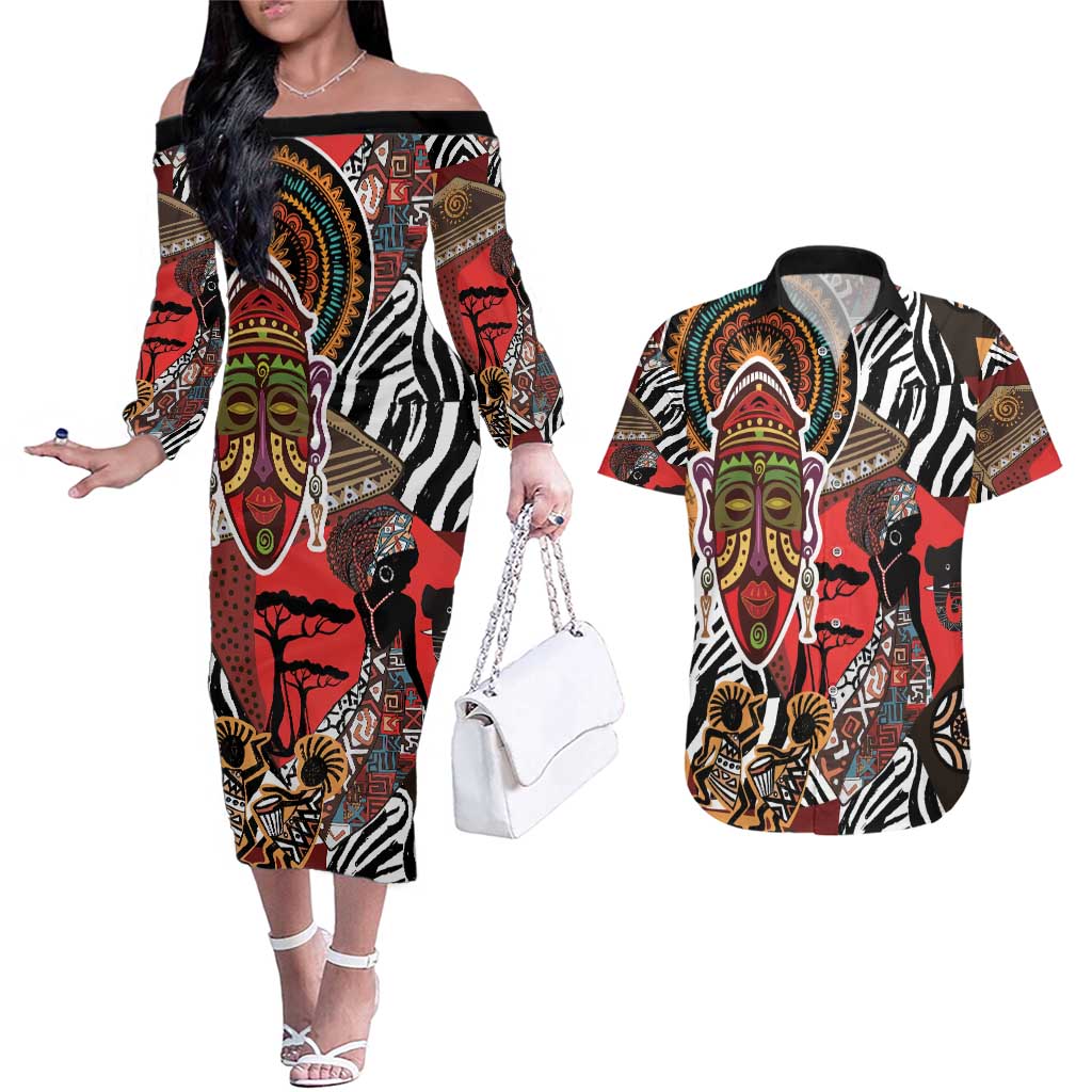 Beautiful African Women Ethnic Motifs Couples Matching Off The Shoulder Long Sleeve Dress and Hawaiian Shirt LT9 - Wonder Print Shop