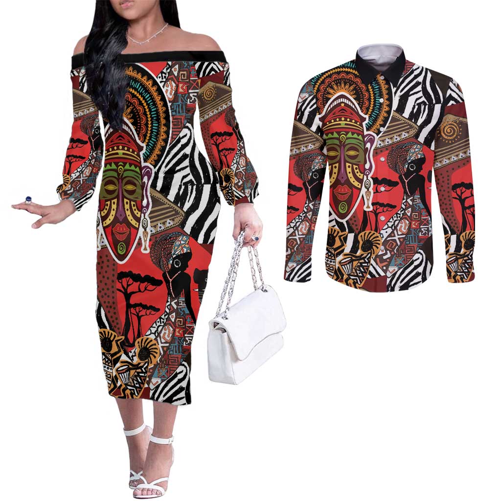 Beautiful African Women Ethnic Motifs Couples Matching Off The Shoulder Long Sleeve Dress and Long Sleeve Button Shirt