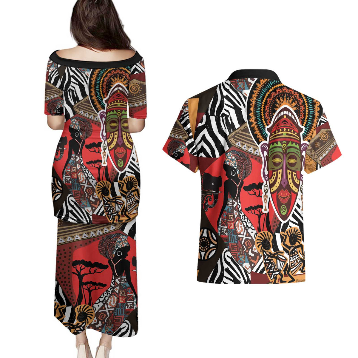 Beautiful African Women Ethnic Motifs Couples Matching Puletasi and Hawaiian Shirt LT9 - Wonder Print Shop