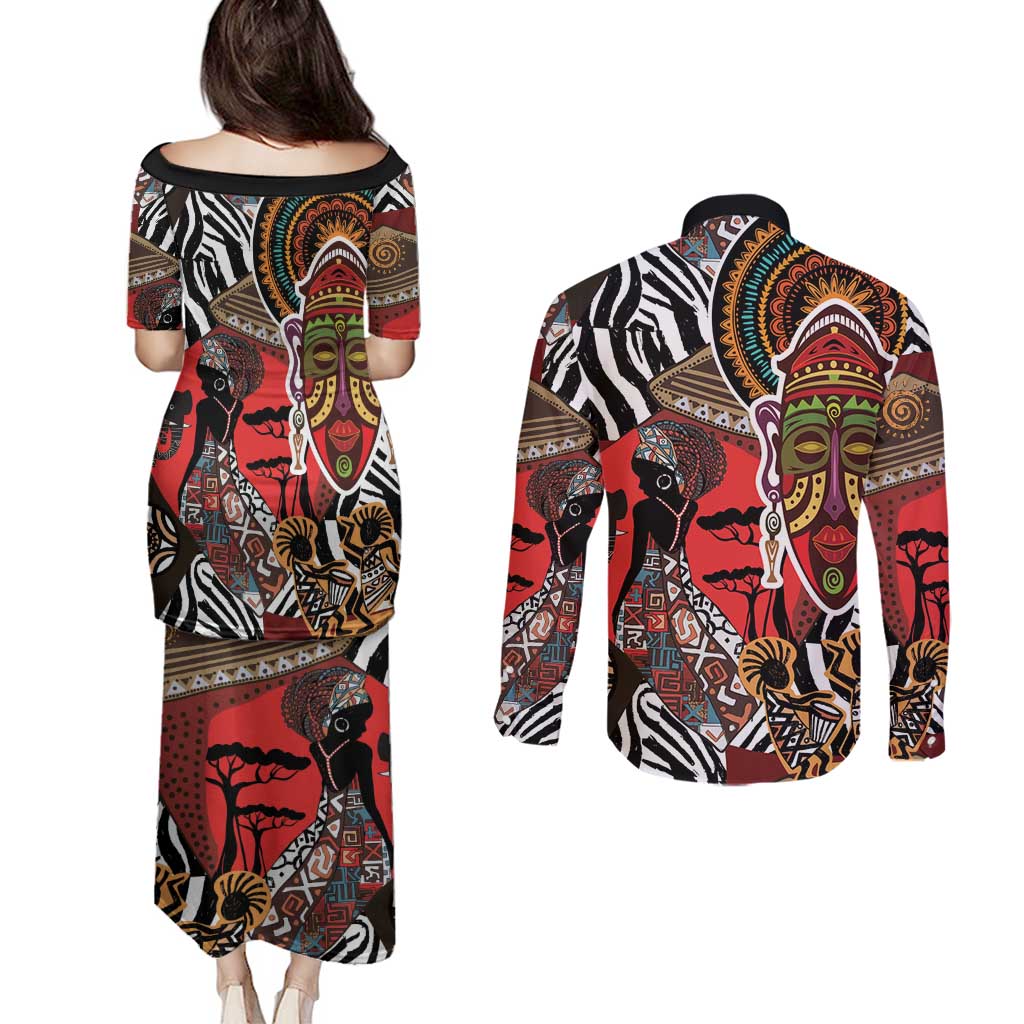 Beautiful African Women Ethnic Motifs Couples Matching Puletasi and Long Sleeve Button Shirt LT9 - Wonder Print Shop