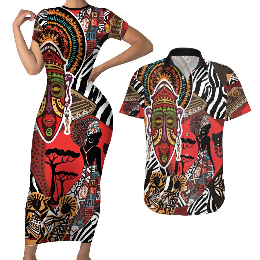 Beautiful African Women Ethnic Motifs Couples Matching Short Sleeve Bodycon Dress and Hawaiian Shirt LT9 - Wonder Print Shop