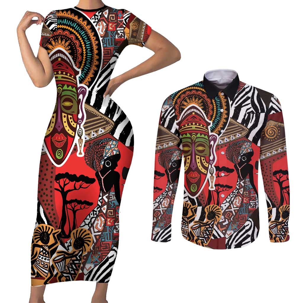 Beautiful African Women Ethnic Motifs Couples Matching Short Sleeve Bodycon Dress and Long Sleeve Button Shirt LT9 - Wonder Print Shop