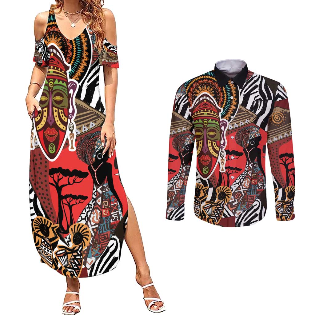 Beautiful African Women Ethnic Motifs Couples Matching Summer Maxi Dress and Long Sleeve Button Shirt LT9 - Wonder Print Shop