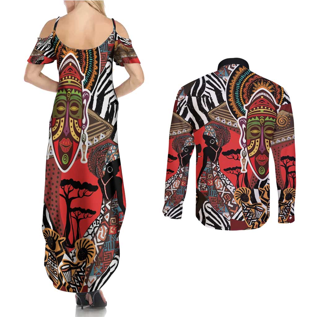 Beautiful African Women Ethnic Motifs Couples Matching Summer Maxi Dress and Long Sleeve Button Shirt LT9 - Wonder Print Shop