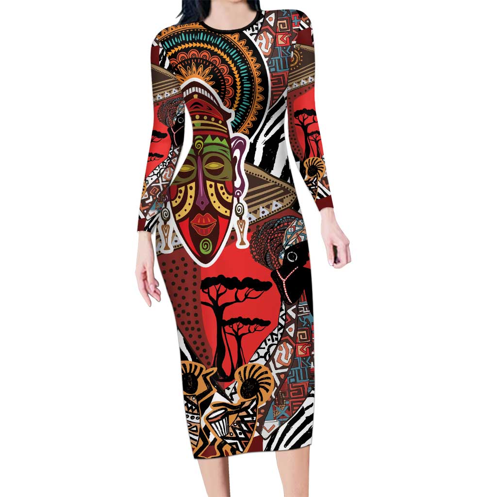 Beautiful African Women Ethnic Motifs Family Matching Long Sleeve Bodycon Dress and Hawaiian Shirt LT9 - Wonder Print Shop